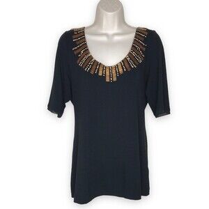 Soft Surroundings Beaded Scoop Neck Elbow Sleeve Black T Shirt Women Medium